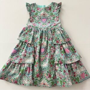 Mini Boden Girls 6-7 Floral Bird Tiered Dress Green Pink Spring Summer
